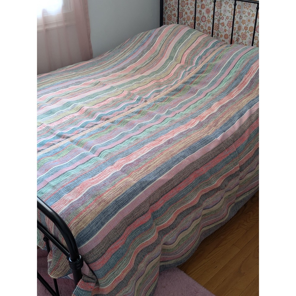 Large Handmade Woven Bedspread 92x93 Pastel Striped Coverlet Vintage Throw
